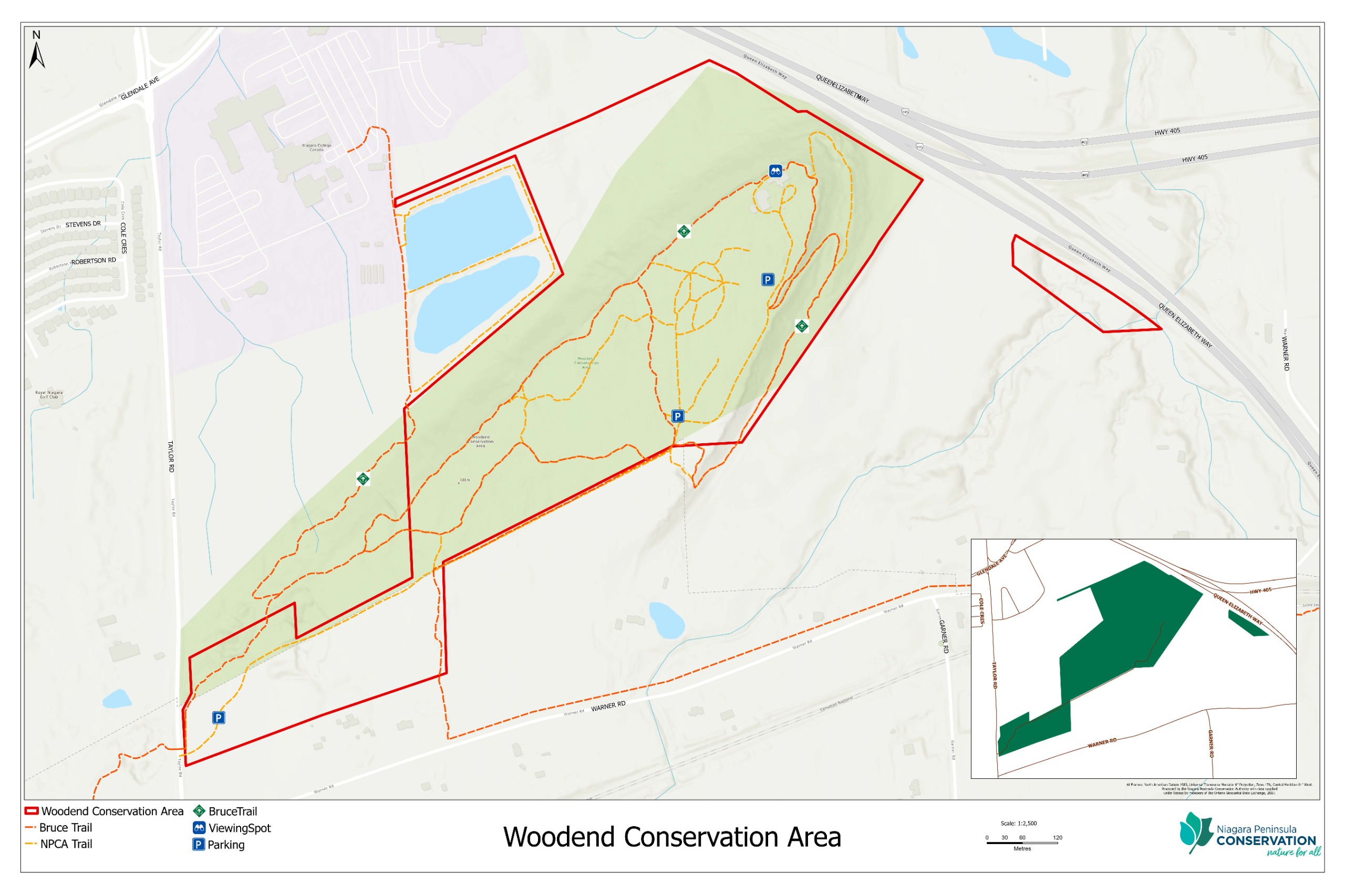 A GIS layered map of Beamer Memorial Conservation Area, showing the property lines in red, hiking trail locations, and various amenities in the way of points of interest graphics.