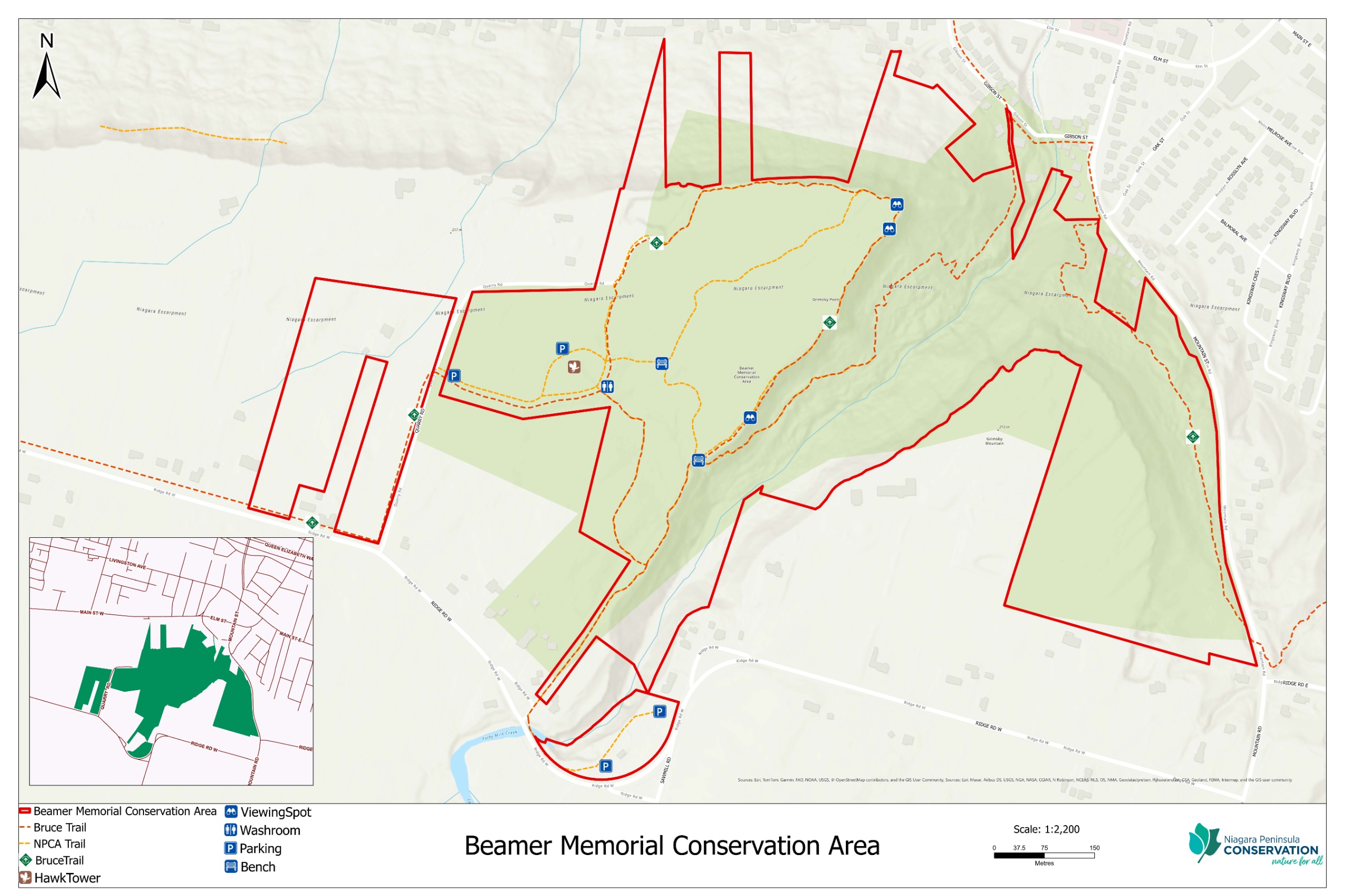 A GIS layered map of Beamer Memorial Conservation Area, showing the property lines in red, hiking trail locations, and various amenities in the way of points of interest graphics.